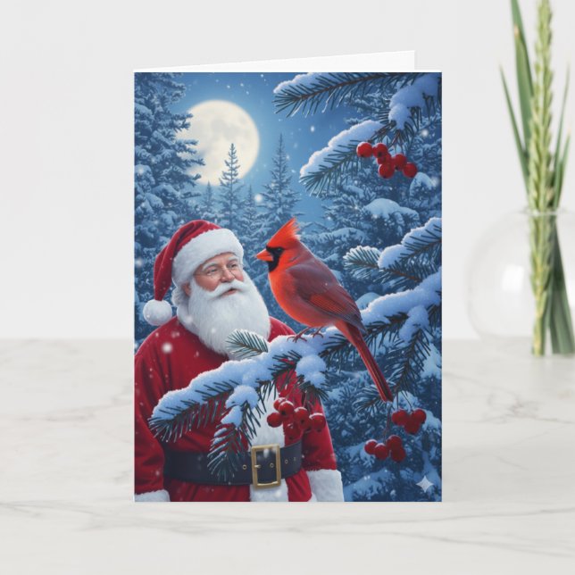 Christmas Santa Claus with Cardinal in Snowy Tree Helgkort (Framsida)
