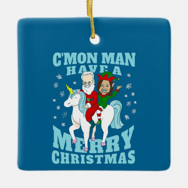 christmas Santa joe biden kamala harris unicorn Julgransprydnad Keramik (Framsida)