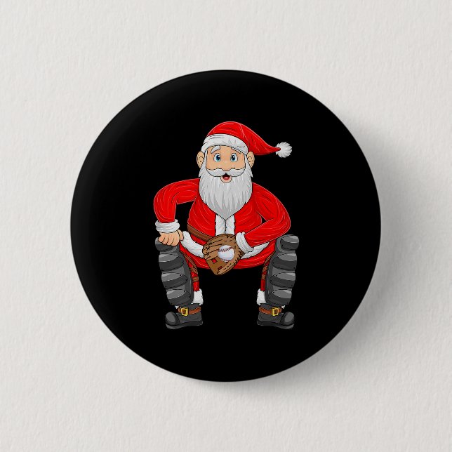 Christmas Santa Playing Baseball Catcher Xmas Srts Knapp (Framsida)