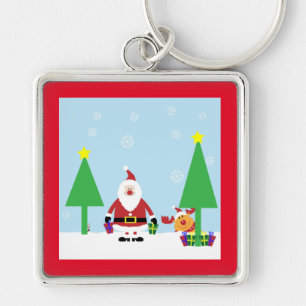 CHRISTMAS SANTA SCENE FYRKANTIG SILVERFÄRGAD NYCKELRING
