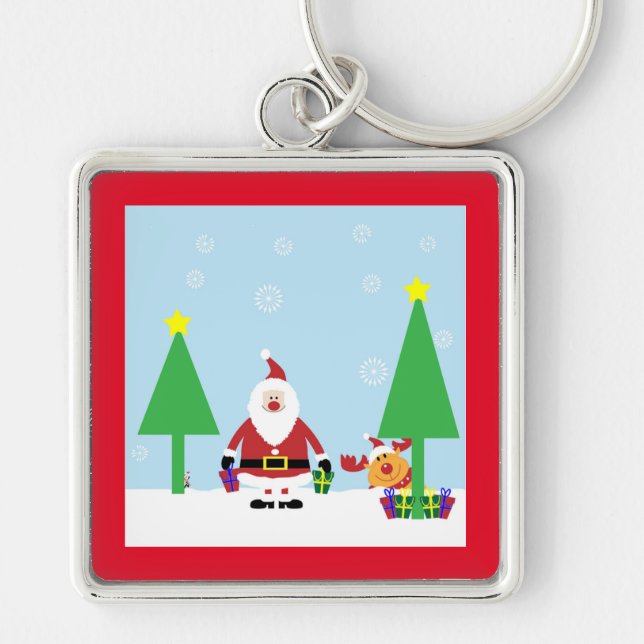 CHRISTMAS SANTA SCENE FYRKANTIG SILVERFÄRGAD NYCKELRING (Framsidan)