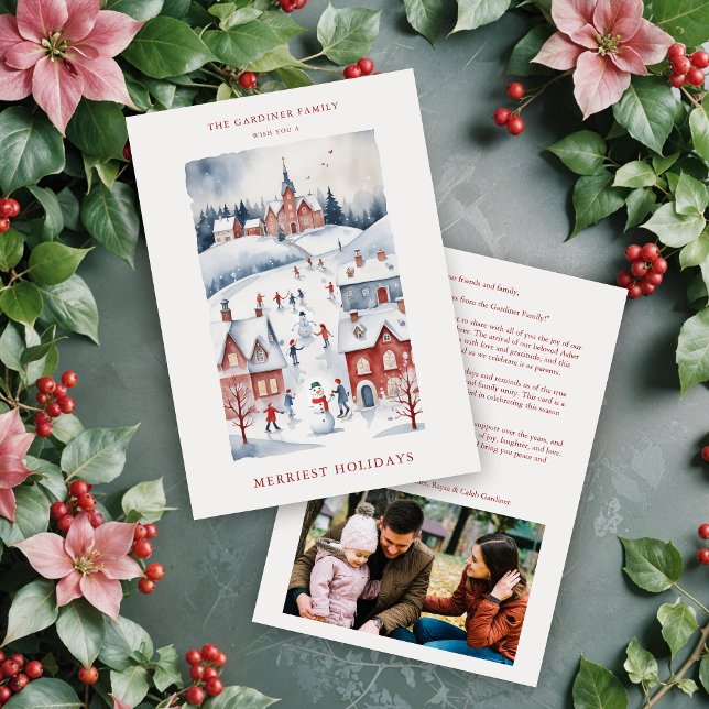Christmas Scandinavian Style  Snowy Winter Village Julkort (Christmas Scandinavian Nordic Style Snowy Winter Village Landscape In Red Shades Holiday Cards.)