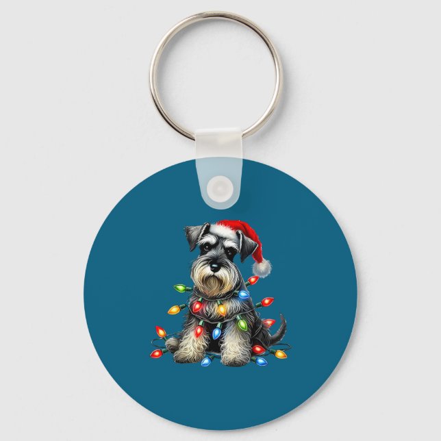 Christmas Schnauzer Dog Santa Hat Xmas Light Holid Nyckelring (Framsida)