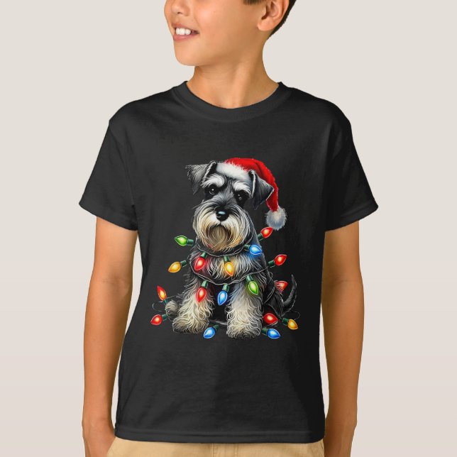 Christmas Schnauzer Dog Santa Hat Xmas Light Holid T Shirt (Framsida)