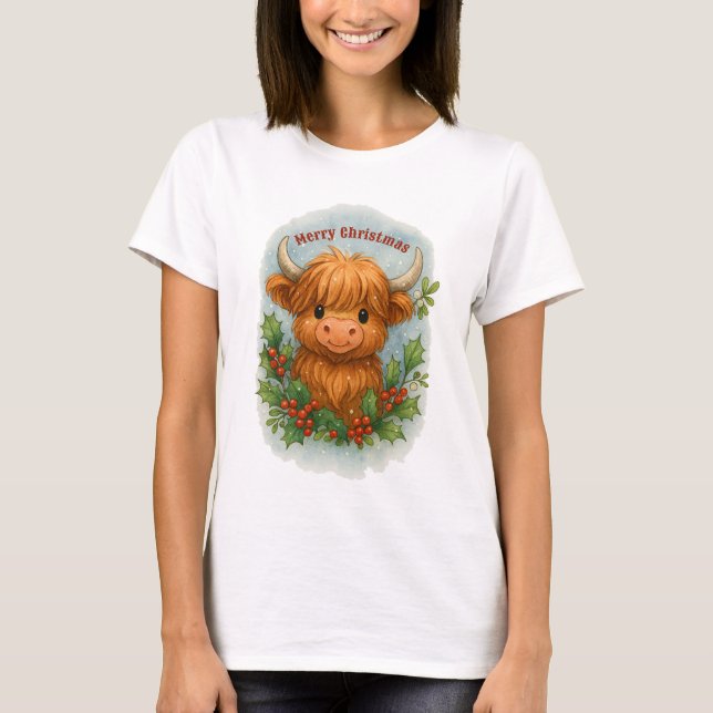 Christmas Scottish Highland Cow Holly & Mistletoe T Shirt (Framsida)
