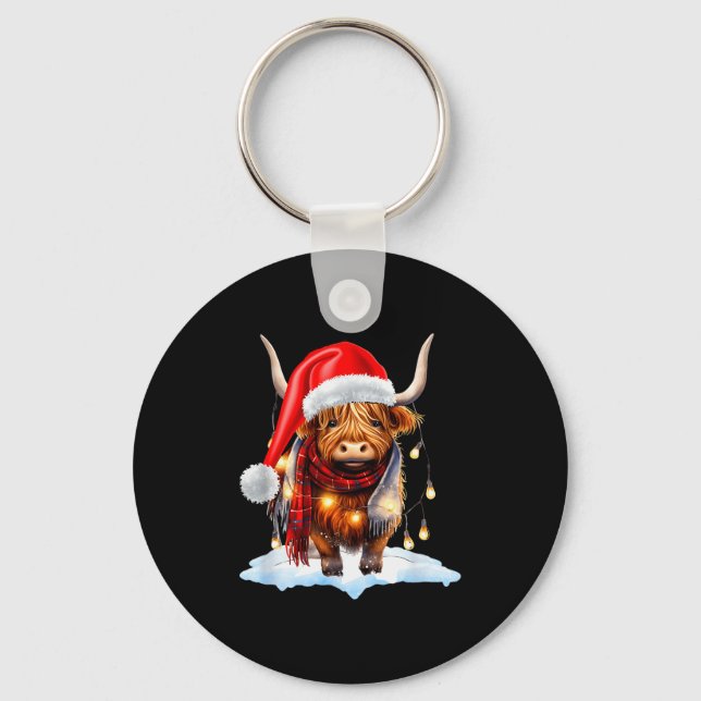 Christmas Scottish Highland Cow Wrapped In Christm Nyckelring (Framsida)