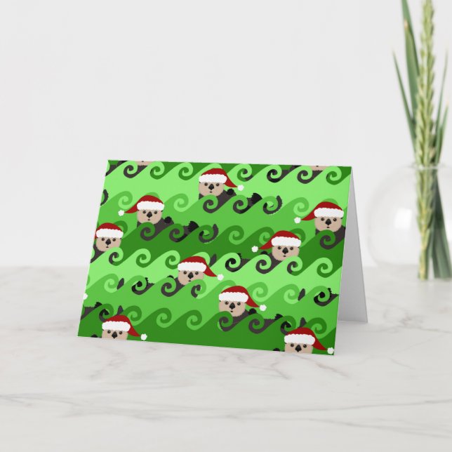 Christmas Sea Otters Green Waves Helgkort (Framsida)
