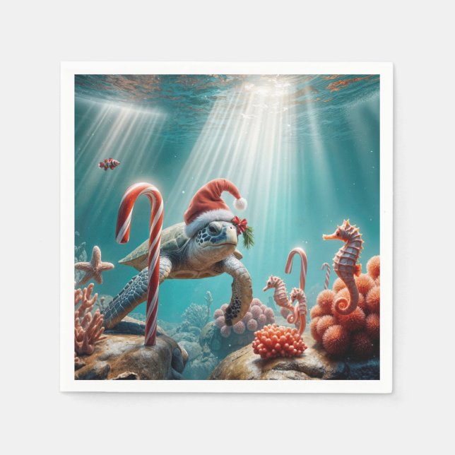Christmas Sea Turtle With Candy Canes Pappersservett (Framsidan)