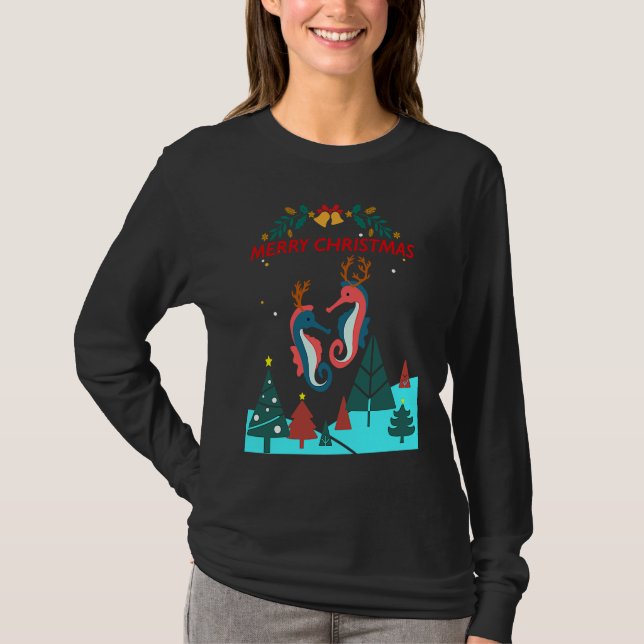 Christmas Seahorse Reindeer With Holiday Decorativ T Shirt (Framsida)