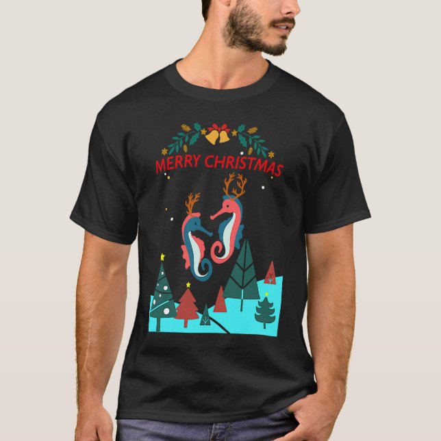 Christmas Seahorse Reindeer With Holiday Decorativ T Shirt (Framsida)