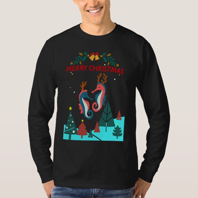 Christmas Seahorse Reindeer With Holiday Decorativ T Shirt (Framsida)