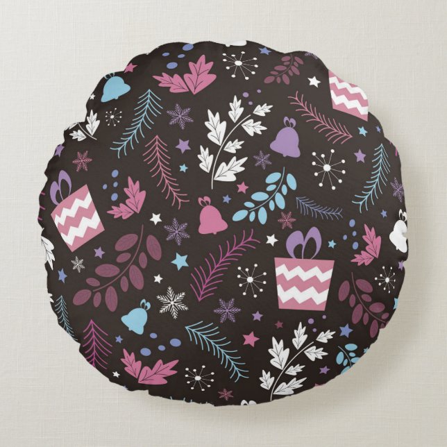 Christmas seamless pattern with tree,  snow,  gift rund kudde (Framsidan)