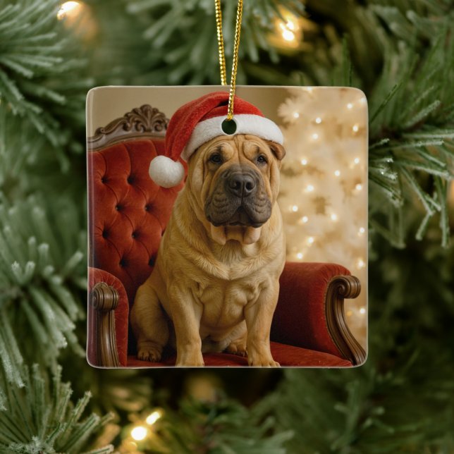 Christmas Shar-Pei Dog With Santa Hat Julgransprydnad Keramik (Träd)