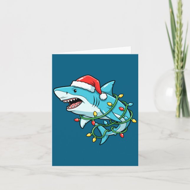 Christmas Shark Santa Hat Wrapped In Lights Funny  Kort (Framsida)