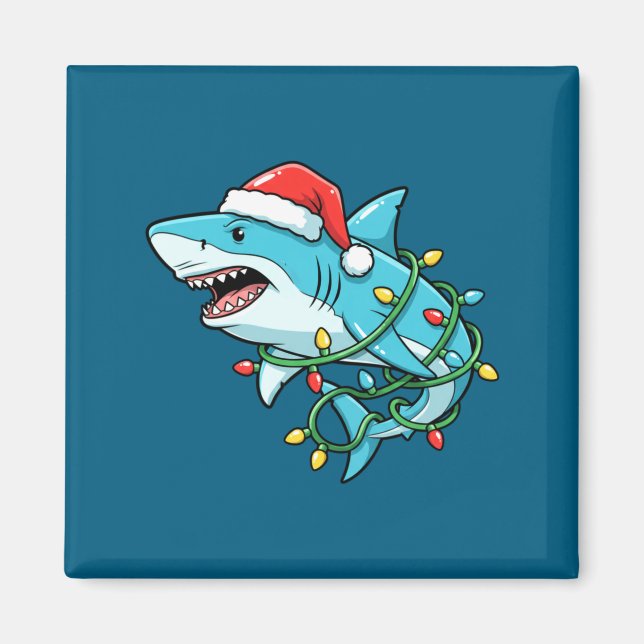 Christmas Shark Santa Hat Wrapped In Lights Funny  Magnet (Framsidan)