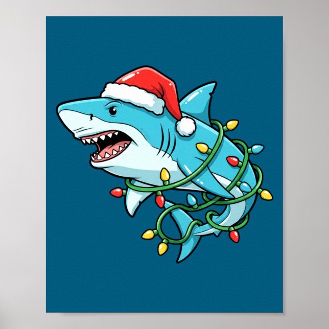 Christmas Shark Santa Hat Wrapped In Lights Funny  Poster (Framsidan)