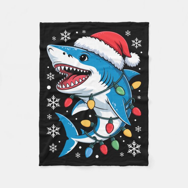 Christmas Shark Santa Hat Wrapped Lights Holiday S Fleecefilt (Framsidan)