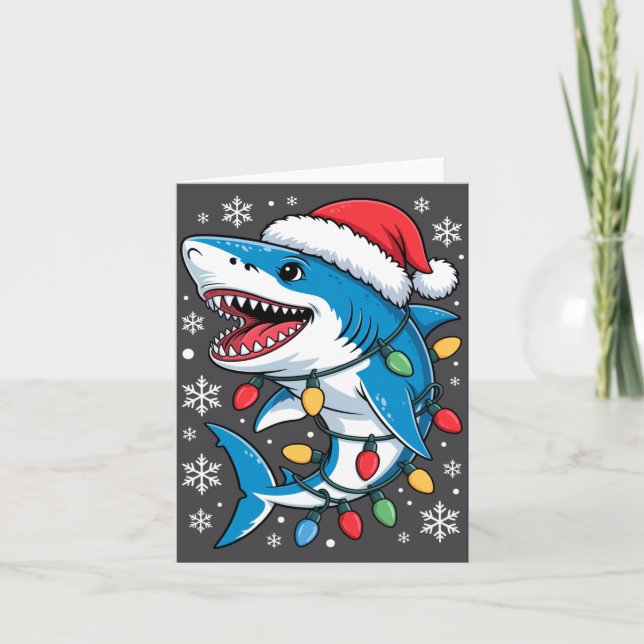 Christmas Shark Santa Hat Wrapped Lights Holiday S Kort (Framsida)