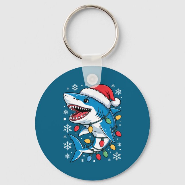 Christmas Shark Santa Hat Wrapped Lights Holiday S Nyckelring (Framsida)