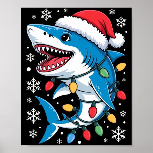 Christmas Shark Santa Hat Wrapped Lights Holiday S Poster (Framsidan)