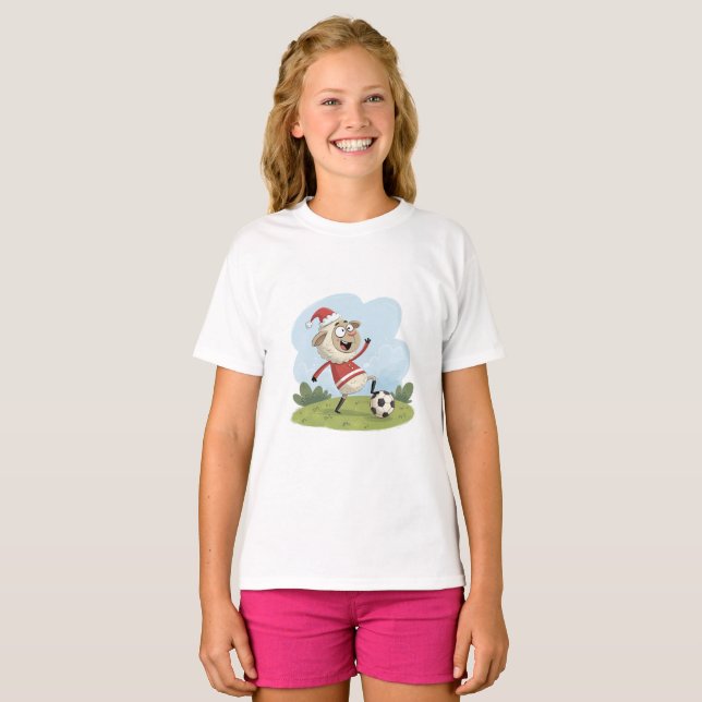 Christmas Sheep playing soccer T Shirt (Hel framsida)