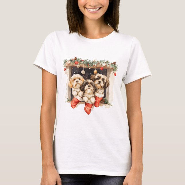Christmas Shih Tzu Dogs T Shirt (Framsida)