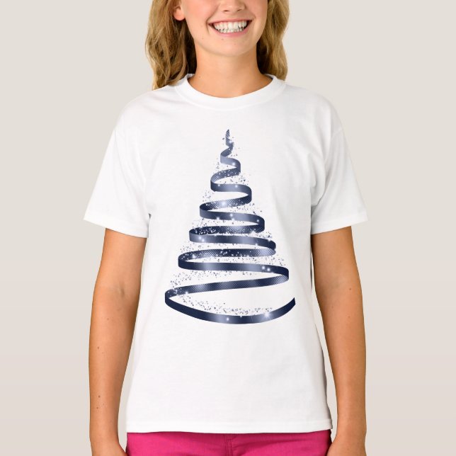 Christmas Shiny Blue Ribbon Tree Sparkle T Shirt (Framsida)