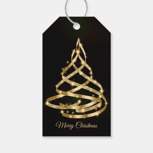Christmas Shiny Golden Ribbon Tree Sparkle Black Presentetikett (Framsidan)