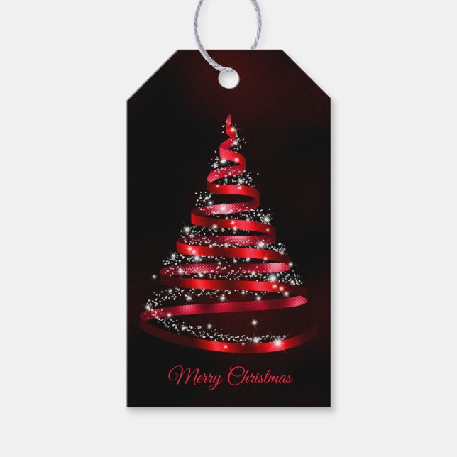 Christmas Shiny Red Ribbon Tree Sparkle Black Presentetikett (Framsidan)