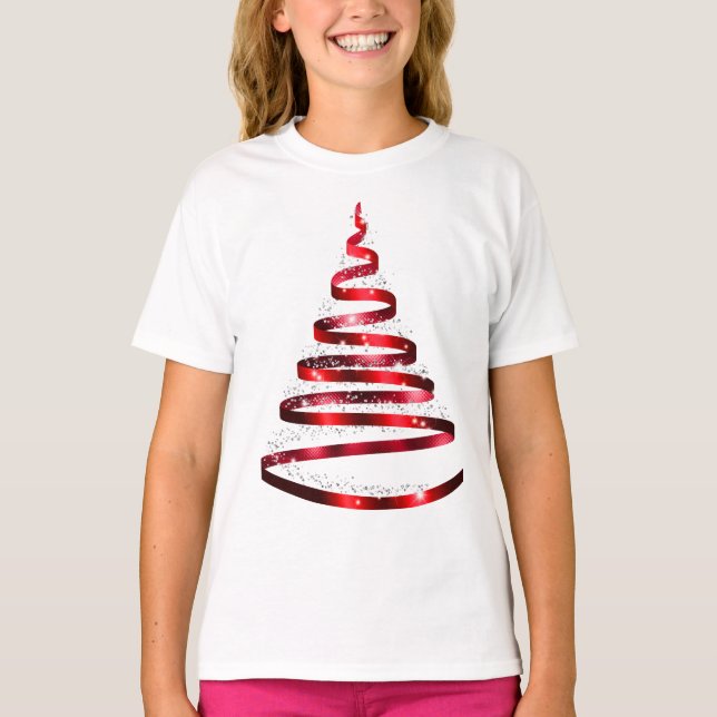 Christmas Shiny red Ribbon Tree Sparkle T Shirt (Framsida)