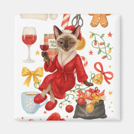 Christmas Siamese Cat is celebrating at home  Magnet