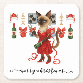 Christmas Siamese Cat is celebrating at home Underlägg Papper Kvadrat