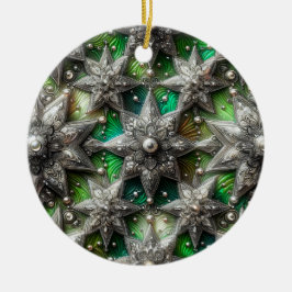 CHRISTMAS Silver Pearl Green 3D Star ~ Julgransprydnad Keramik