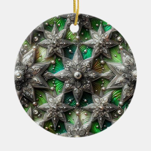 CHRISTMAS Silver Pearl Green 3D Star ~ Julgransprydnad Keramik (Framsidan)