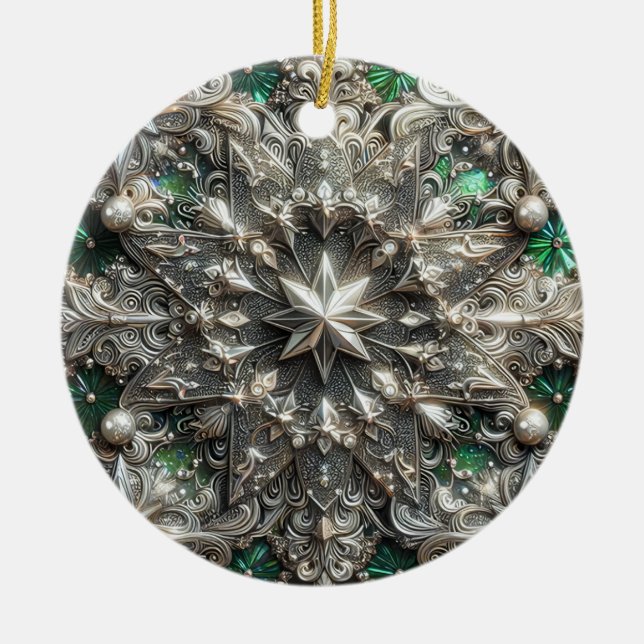 CHRISTMAS Silver Purple Green 3D Star ~ Julgransprydnad Keramik (Framsidan)