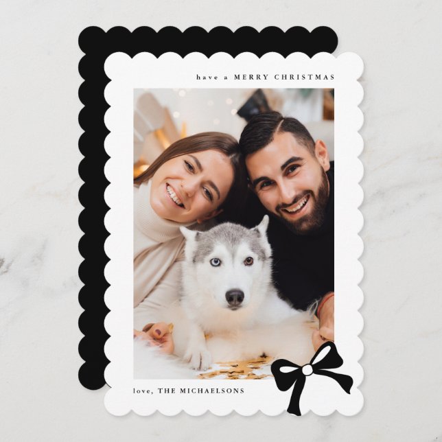 Christmas Simple Bow Black and White Photo Julkort (Fram/baksida)