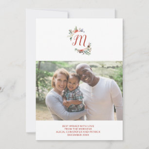 Christmas Simple Family Floral Monogrammed Photo Julkort