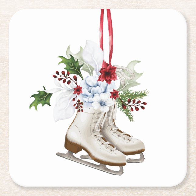 Christmas skating shoes with flowers and leaves underlägg papper kvadrat (Framsidan)