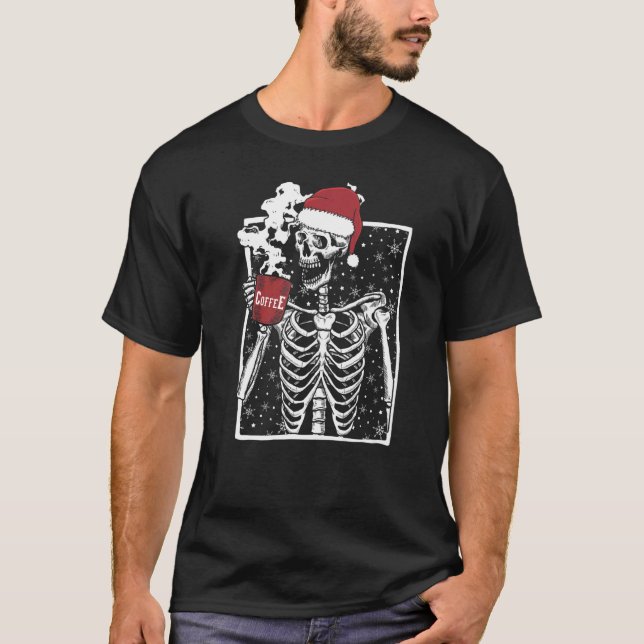 Christmas Skeleton Drinking Coffee Festive Holiday T Shirt (Framsida)