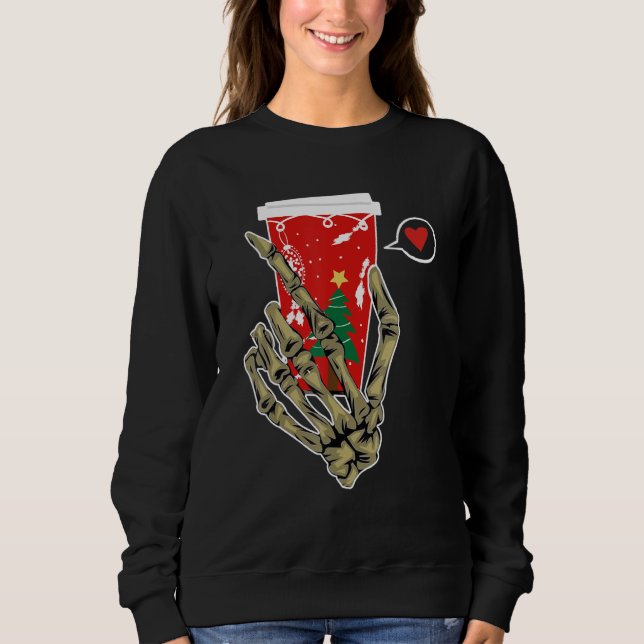 Christmas Skeleton Hand Drinking Coffee Latte Paja T Shirt (Framsida)