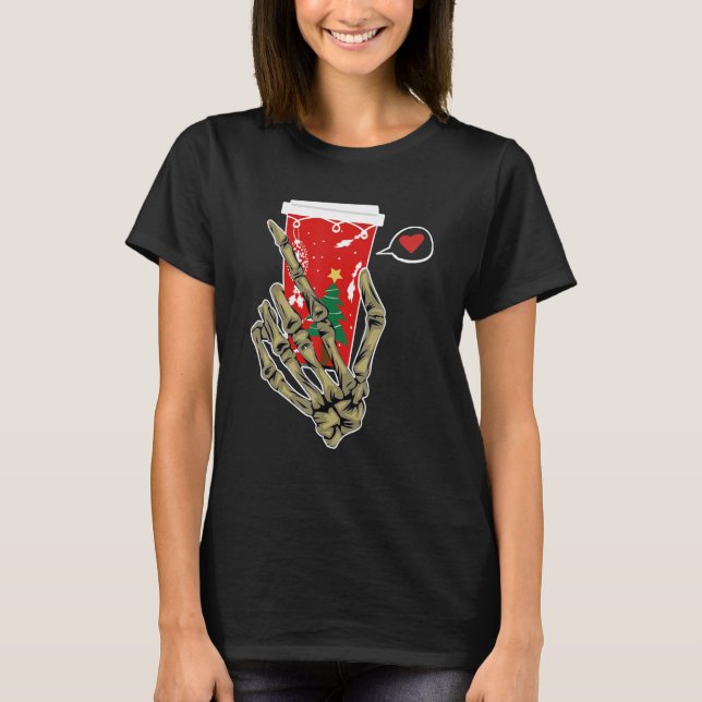 Christmas Skeleton Hand Drinking Coffee Latte Paja T Shirt (Framsida)