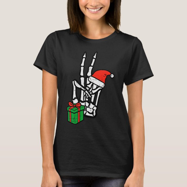 Christmas Skeleton Hand Peace Cket Xmas Men Women  T Shirt (Framsida)