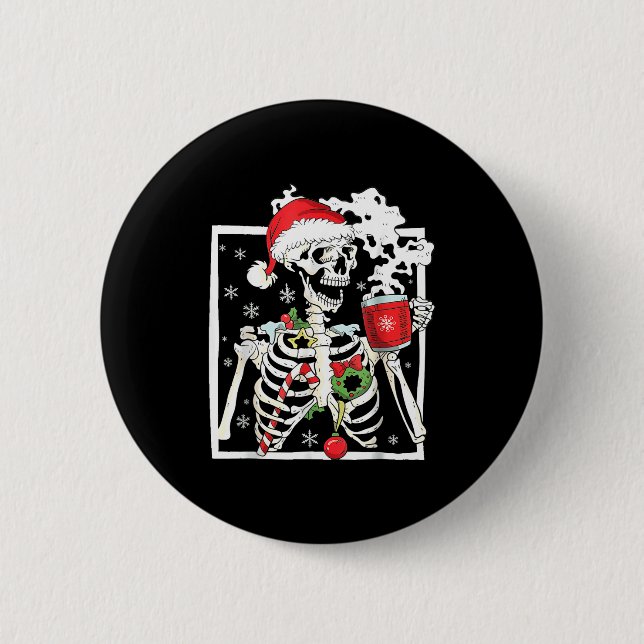 Christmas Skeleton With Smiling Skull Drinking Cof Knapp (Framsida)
