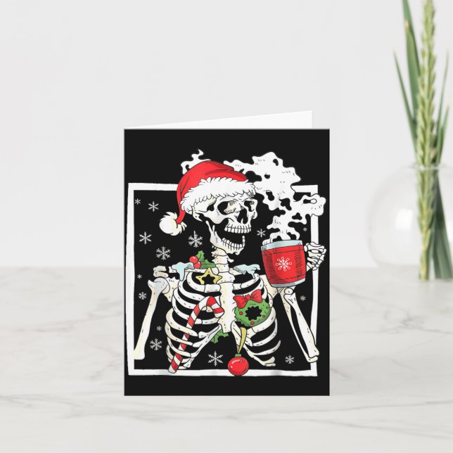 Christmas Skeleton With Smiling Skull Drinking Cof Kort (Framsida)