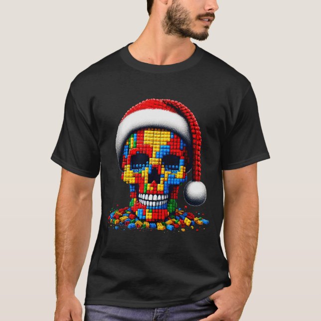 Christmas Skull Santa Hat Block Bricks Master Buil T Shirt (Framsida)