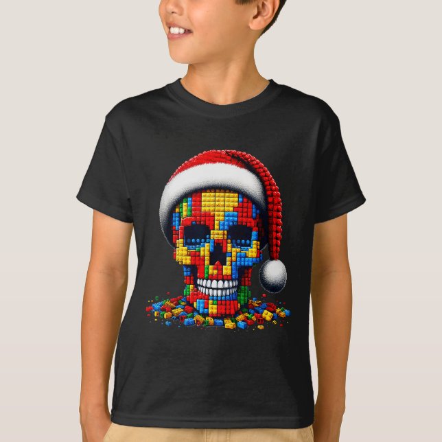Christmas Skull Santa Hat Block Bricks Master Buil T Shirt (Framsida)