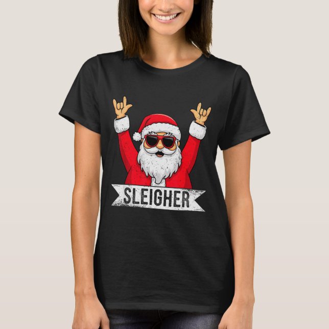 Christmas Sleigher Santa Rock Xmas Rocker Men Wome T Shirt (Framsida)