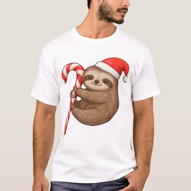 Christmas Sloth Hugging Candy Cane Classic T-Shirt (Framsida)