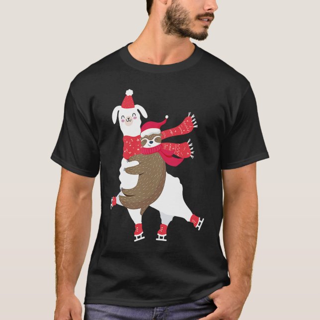 Christmas Sloth Riding Llama Ice Skating Alpaca T Shirt (Framsida)