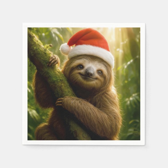 Christmas Sloth Wearing a Santa Hat Pappersservett (Framsidan)
